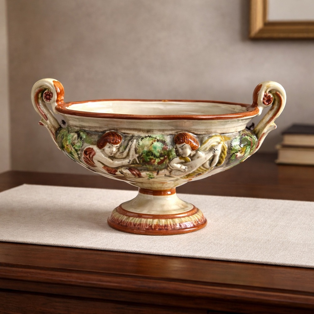 Capodimonte Ceramic Porcelain Style Pedestal Centerpiece Bowl Italy 14”x10”